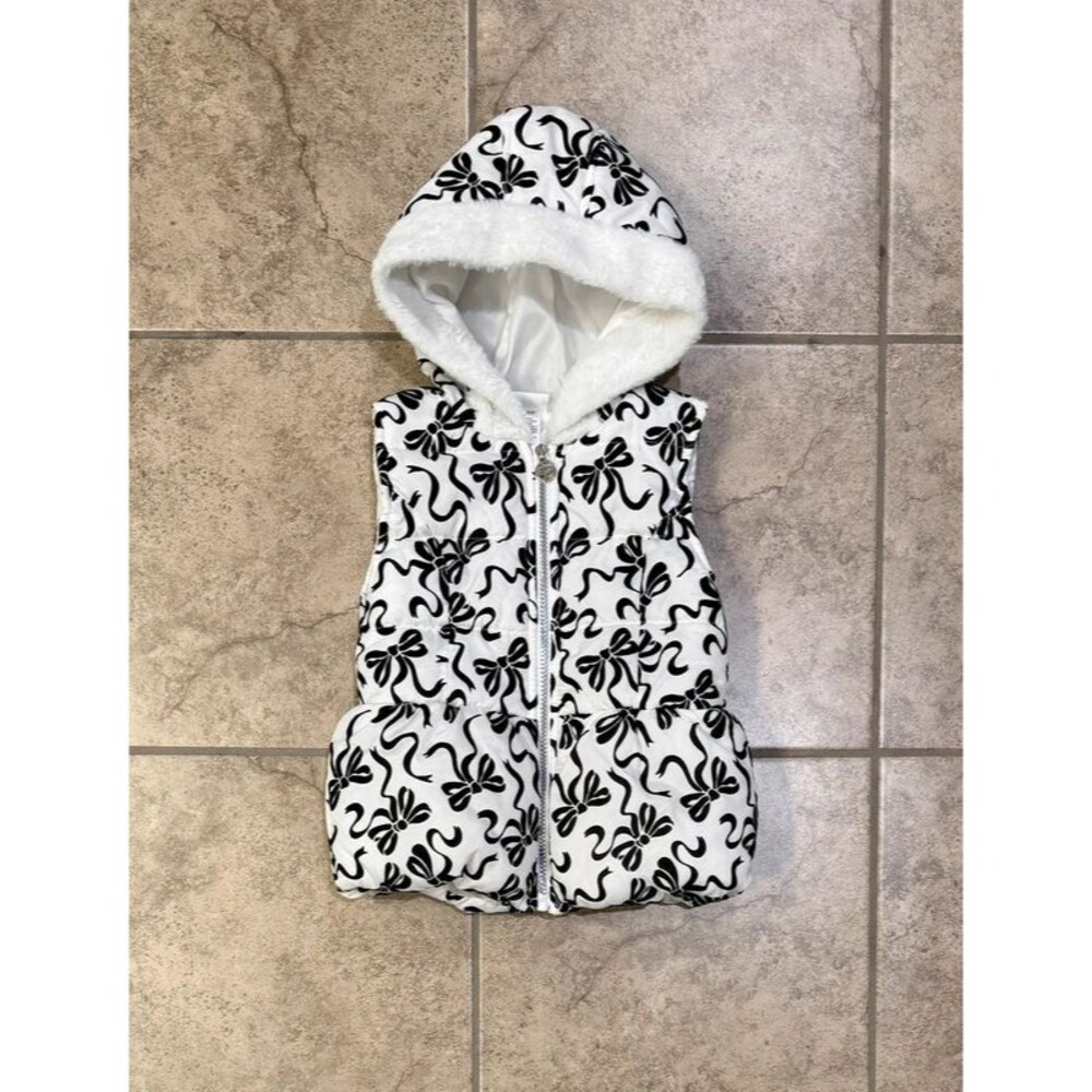 Nicole Miller girl hooded puffer vest white all-over black ribbon and bow print